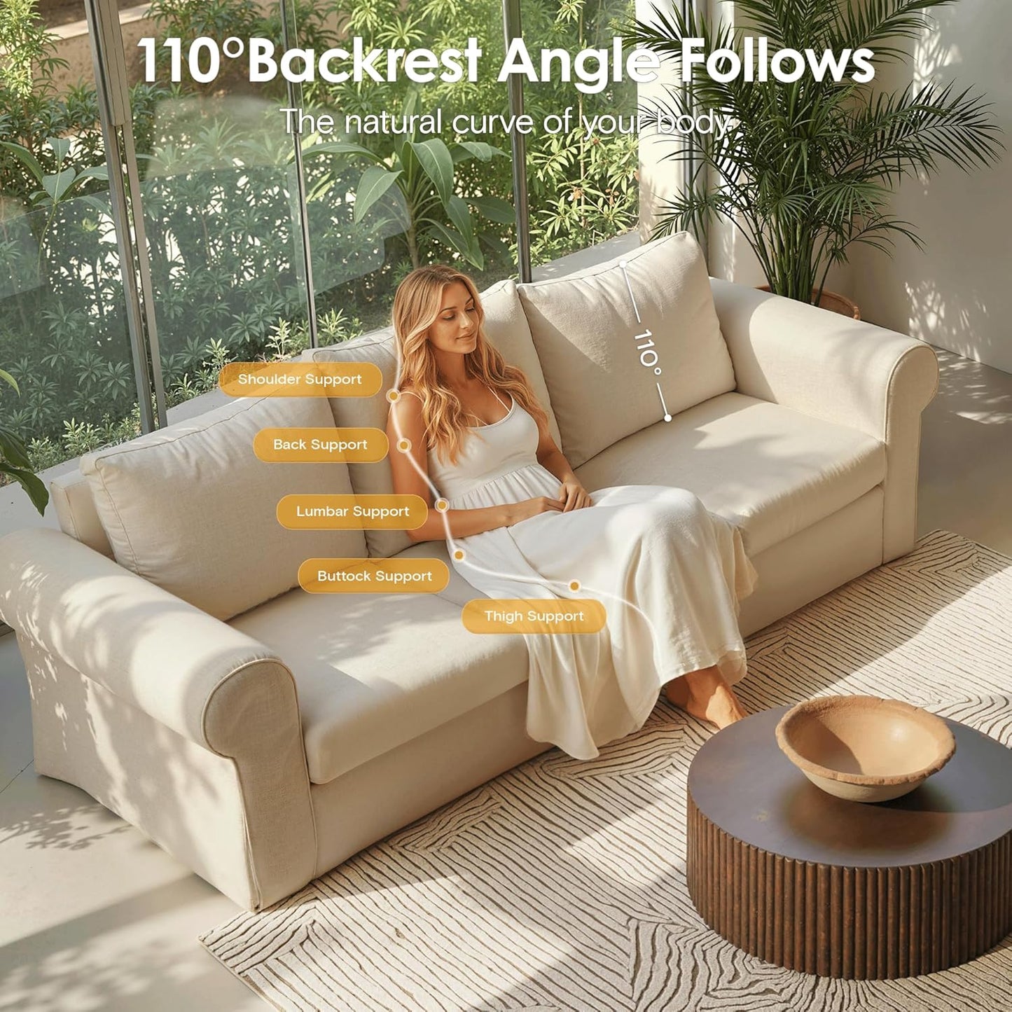 89" 3 Seater Sofa for Living Room, Deep Seated Comfy Couch with High Back Support, Removable Washable Linen Slipcover, Modern Farmhouse Style Rolled-Arm Beige Sofa