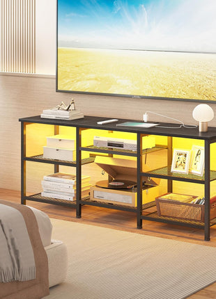 Contemporary TV Console for Screens up to 55 Inches with Integrated Power Outlet and LED Lighting, Featuring Open Storage Shelves for Living Room and Bedroom, Black Finish