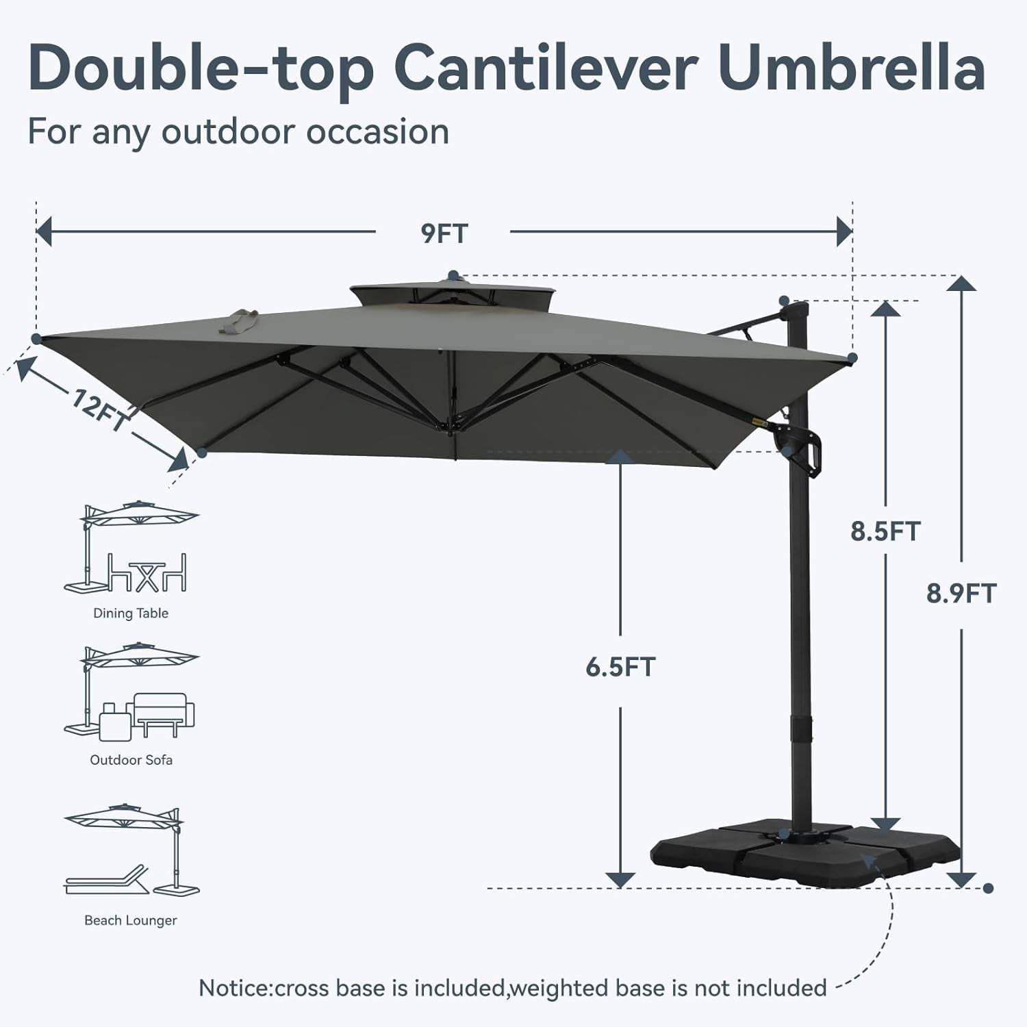 12X9 Ft Cantilever Patio Umbrella with Base Included, Rectangle Offset Outdoor Umbrellas with 360° Rotation, 5-Year-Non-Fading Hanging Pool Umbrella for Garden Deck Poolside - Grey