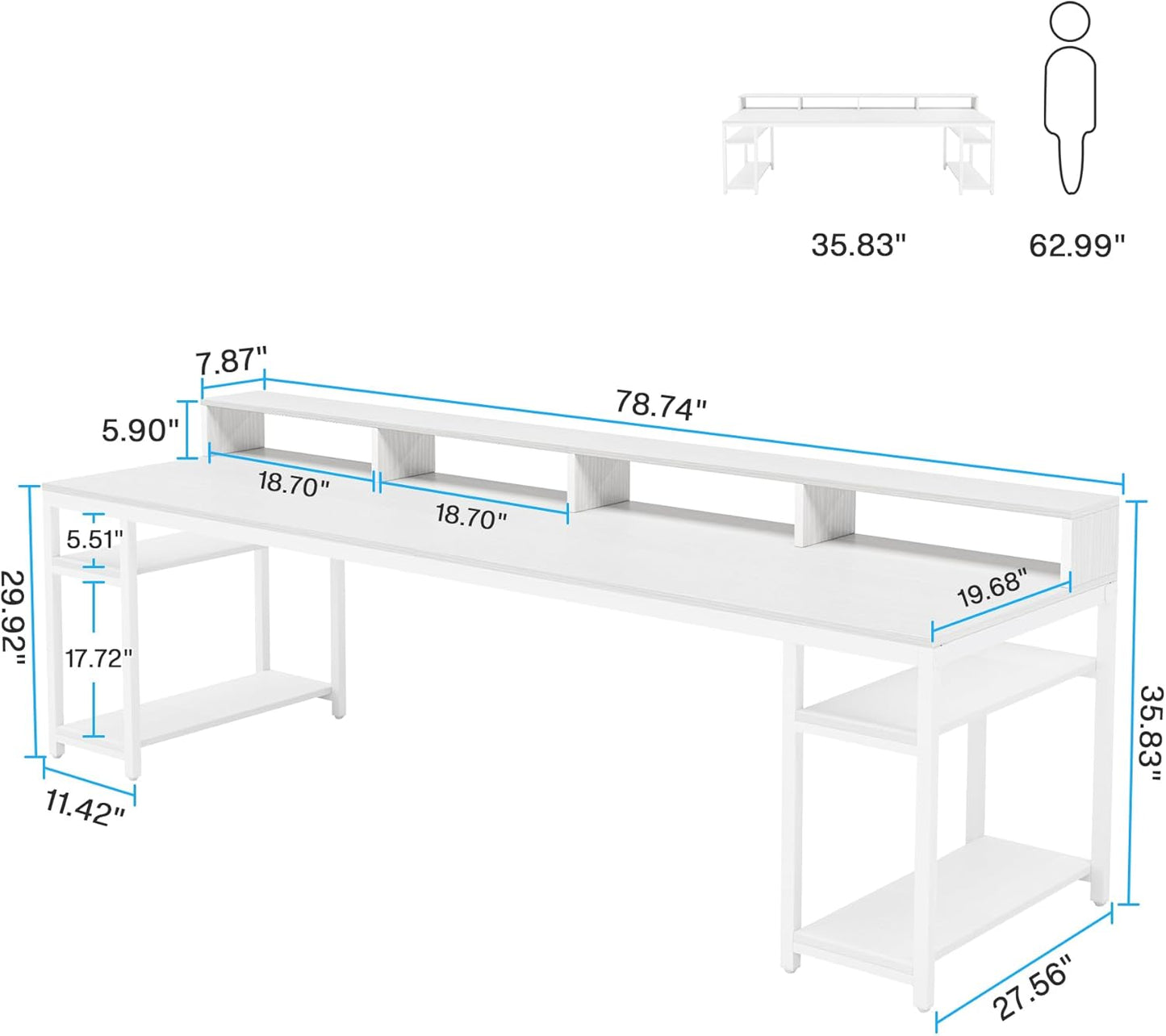 Two Person Desk with Monitor Stand, 78.74" Long Double Computer Office Desk with Storage Shelves, Large Gaming Desk Study Writing Table Workstation for Home Office (White)