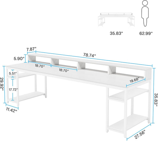 Two Person Desk with Monitor Stand, 78.74" Long Double Computer Office Desk with Storage Shelves, Large Gaming Desk Study Writing Table Workstation for Home Office (White)
