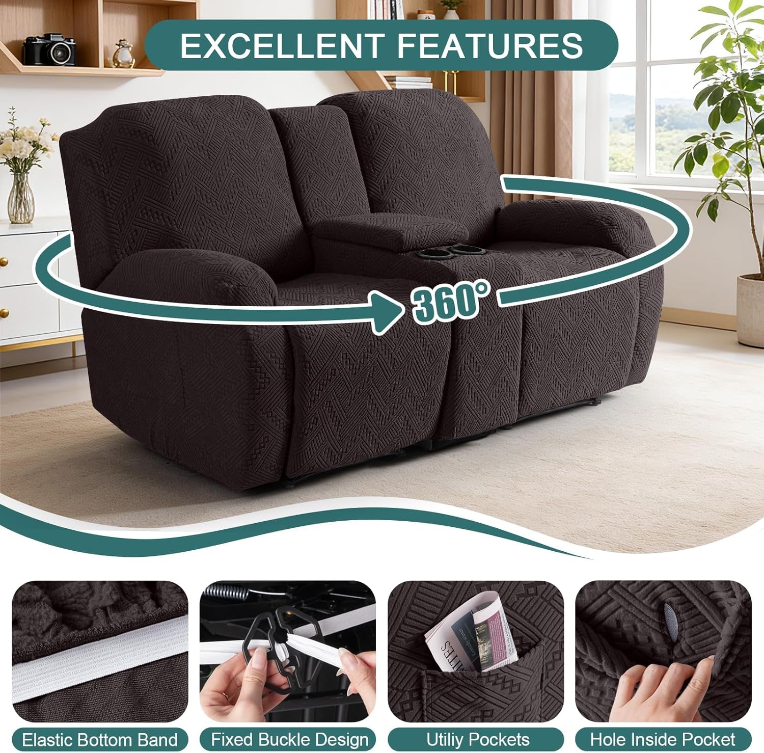 Stretch Loveseat Recliner Covers with Console 4-Pieces Recliner Sofa Covers with Pockets Jacquard Reclining Couch Covers Furniture Protector with Elastic Straps Bottom (2 Seater, Chocolate)