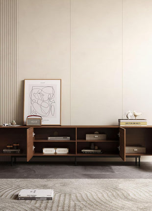 Mid-Century Modern 94.48" Walnut TV Stand for 80+ Inch TVs with Generous Storage – Sophisticated Entertainment Center for Living Room or Bedroom
