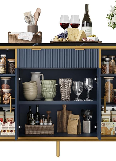 Fluted 54" Navy Blue Buffet Cabinet with Storage, Modern Coffee Bar Sideboard Featuring Drawer and Adjustable Shelves for Dining and Living Room
