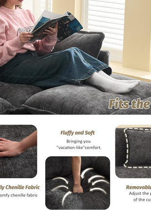 76-Inch Deep Seat Loveseat Sofa, Upholstered Chenille 3-Seat Modular Sectional Couch with Movable Ottoman, Contemporary Comfortable Settee for Living Room and Small Apartments, Dark Grey