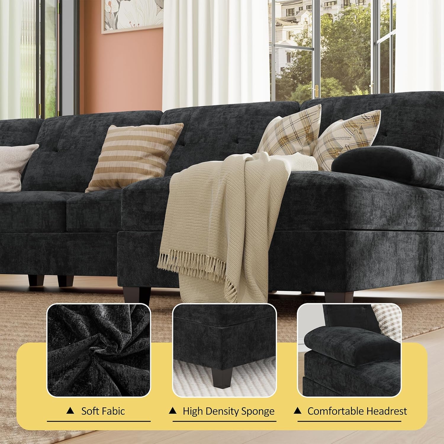 Sectional Couches for Living Room, Convertible U-Shaped Sofa Couch with Double Chaise, 4 Seat Sofa Set Modular Sofa Couch for Apartment, Black