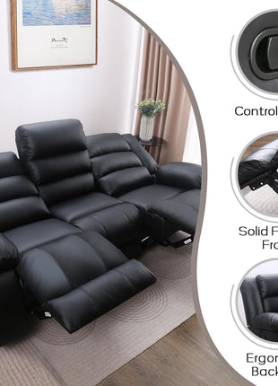 Faux Leather Manual Reclining Sofa with Dual Concealed Cup Holders and Overstuffed Armrests, 3-Seat Recliner for Living Room, Bedroom, or Meeting Room, Black