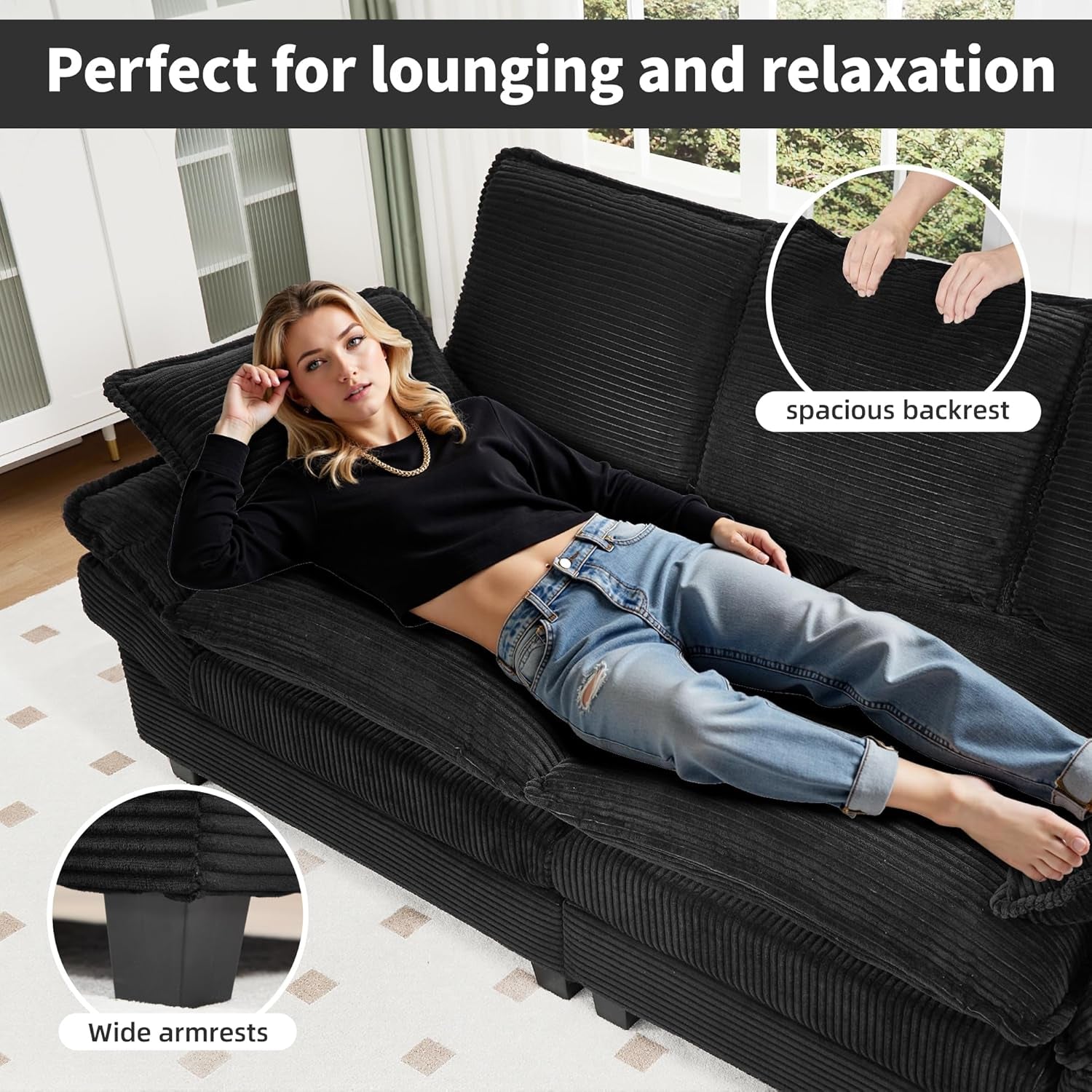83" Loveseat Sofa, Cloud Couches for Living Room, Comfy Corduroy Couch with Deep Seat, Love Seat Couches for Bedroom, Apartment and Office, Easy Assemble for Small Space (Black)