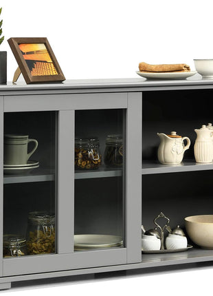 Elegant Grey Wooden Sideboard Buffet Cabinet with Adjustable Shelves and Sliding Glass Doors, Ideal Accent Console Table for Living Room, Dining Room, and Hallway
