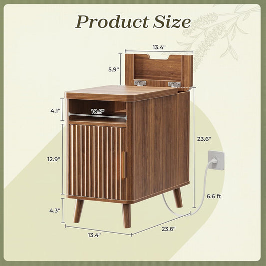 Narrow End Table with Charging Station, USB-C Port, Fluted Nightstand with Storage Cabinet, Back Rack, Farmhouse Side Table for Small Spaces, 13.4 × 23.6 Inch Night Stand, Walnut