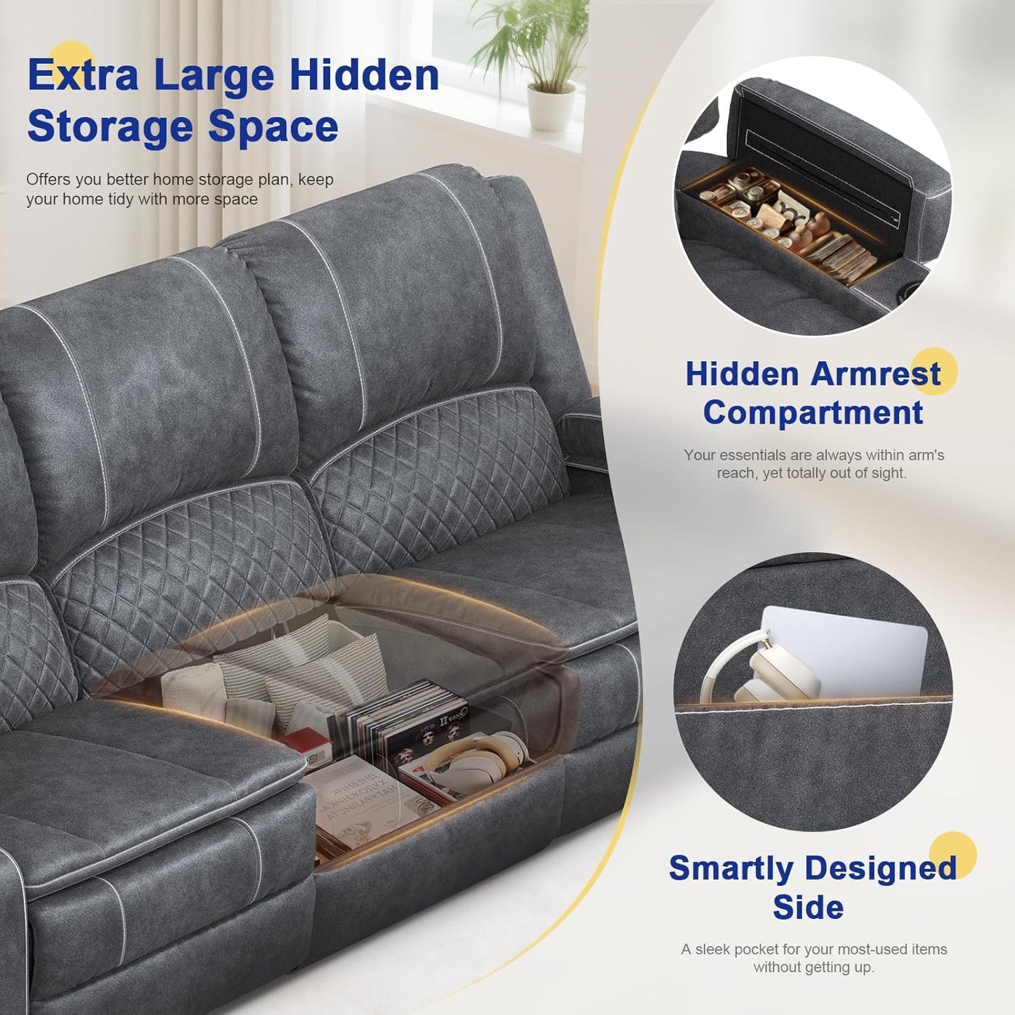 Recliner Sofa 3 Seater Sofa with Recliner, Home Theater Seating with Liftable Console & Removable Armrest, Manual Velvet Fabric Reclining Couch with Cup Holders & USB Ports for Living Room/Rv (Grey)