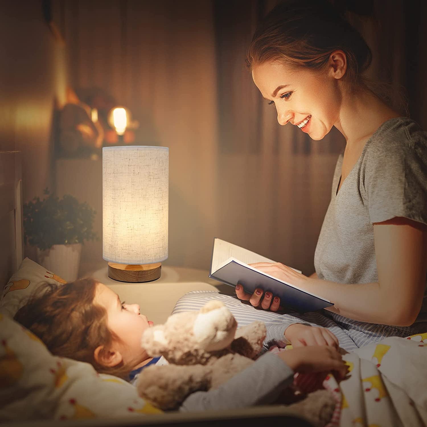 Small Bedside Night Table Lamp for Bedroom, Minimalist Nightstand Lamp with round Fabric Linen Shade, Study Reading Desk Lamp for Kids Room, Living Room, College Dorm, Home, Office