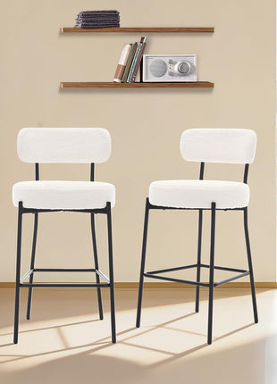 Set of 2 Contemporary 27" White Boucle Counter Height Bar Stools with Backrest and Metal Legs for Kitchen Island and Dining Area