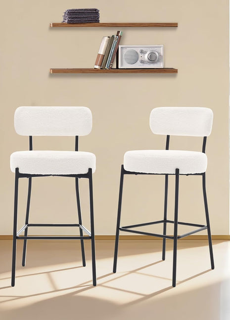 Set of 2 Contemporary 27" White Boucle Counter Height Bar Stools with Backrest and Metal Legs for Kitchen Island and Dining Area