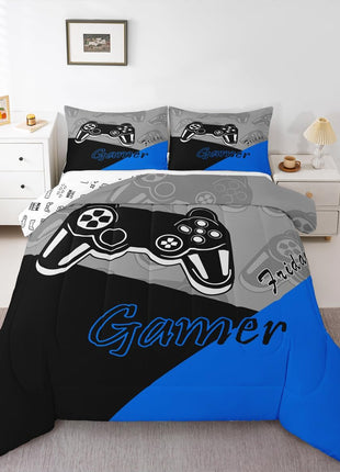 Twin Size Gaming Comforter Set for Boys - All-Season Video Game Themed Bedding with Comforter and Pillowcase in Blue, Black, and Grey