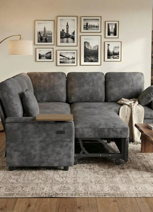 81" Modular L-Shaped Sleeper Sofa with Adjustable Backrest and 360° Swivel Side Table in Elegant Grey Chenille for Enhanced Living Room Functionality