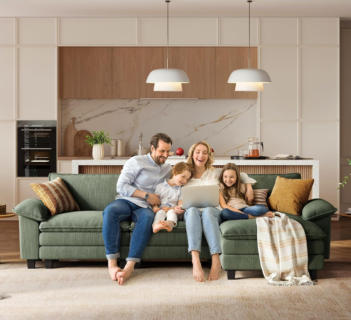 123'' Modular Sectional Sofa Green Couch Corduroy Cloud Couches for Living Room, L Shaped Couch with Movable Ottoman, Modern Cloud Sectional Sofas for Bedroom and Apartment, Green