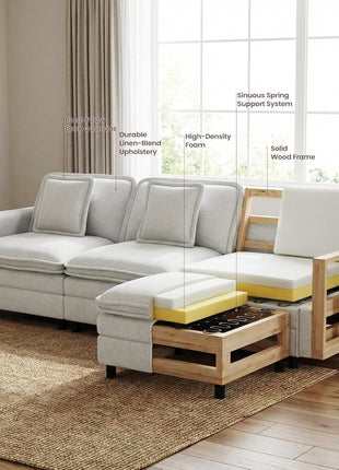 107" Modular Sectional Sofa with Ottoman, Deep 4-Seat L-Shaped Couch, Beige Cloud Couch with Throw Pillows for Living Room