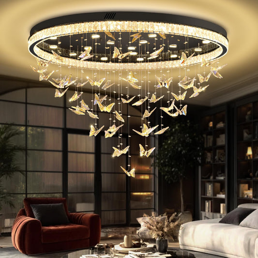 Butterfly Chandelier Black 48In Modern Crystal Raindrop Chandelier Lighting Flush Mount Ceiling Chandeliers for Living Room 20XGU10