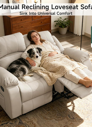 Reclining Loveseat Sofa in Beige Leather with Side Pocket for Living Room, RV, and Home Theater