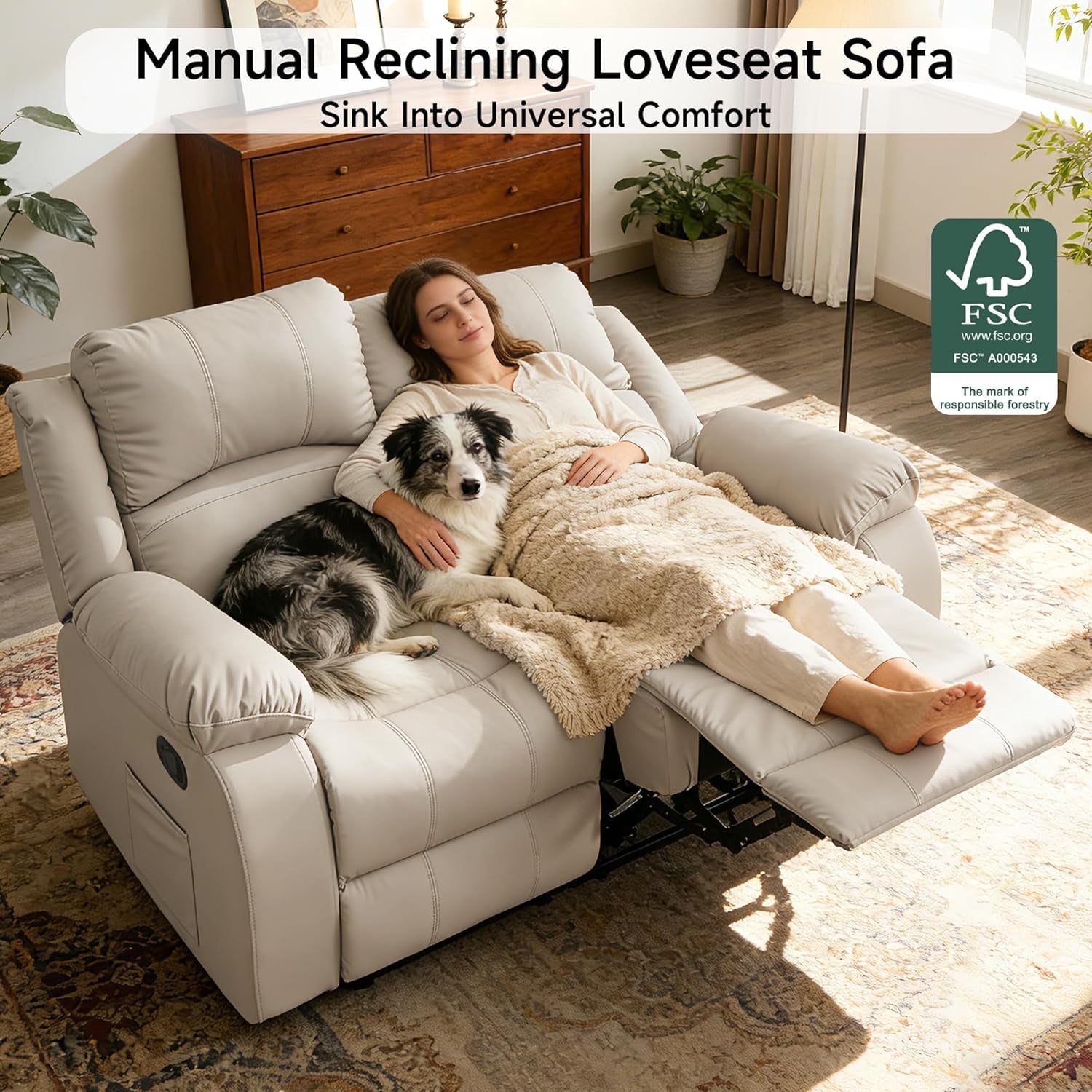 Reclining Loveseat Recliner Sofa, 2 Seat Leather Recliner Couch with Side Pocket for Living Room, RV, Home Theater(Loveseat,Beige)