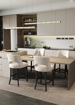 Set of 2 Modern Upholstered Counter Height Bar Stools, 26" with Black Legs, Beige Fabric for Kitchen Island and Dining Room