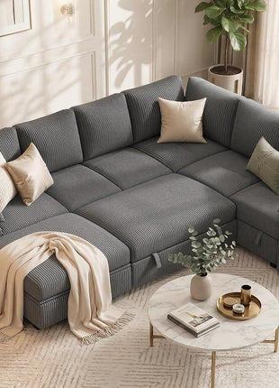 108-Inch U-Shaped Modular Sectional Sleeper Sofa Bed, 7-Seat Design with Storage, Corduroy Fabric, Removable Cover, Dark Grey
