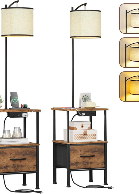 Set of 2 Rustic Brown Floor Lamps with End Tables, Integrated Charging Station and USB Ports, Nightstands with Fabric Drawers, 3 Color Temperature LED Lighting for Living Room and Bedroom, 14.9" W