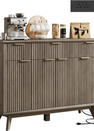 Contemporary Fluted Sideboard Buffet Cabinet with Integrated Charging Station, 47.2" Kitchen Storage Solution Featuring Drawers and Adjustable Shelves, Perfect for Dining and Living Rooms, Grey Finish