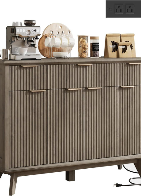 Contemporary Fluted Sideboard Buffet Cabinet with Integrated Charging Station, 47.2" Kitchen Storage Solution Featuring Drawers and Adjustable Shelves, Perfect for Dining and Living Rooms, Grey Finish