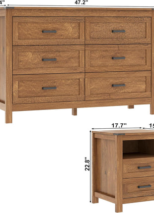 3-Piece Bedroom Furniture Set - Features 6-Drawer Dresser and Pair of Nightstands with Open Storage Shelf and Drawers, Rustic Brown Finish