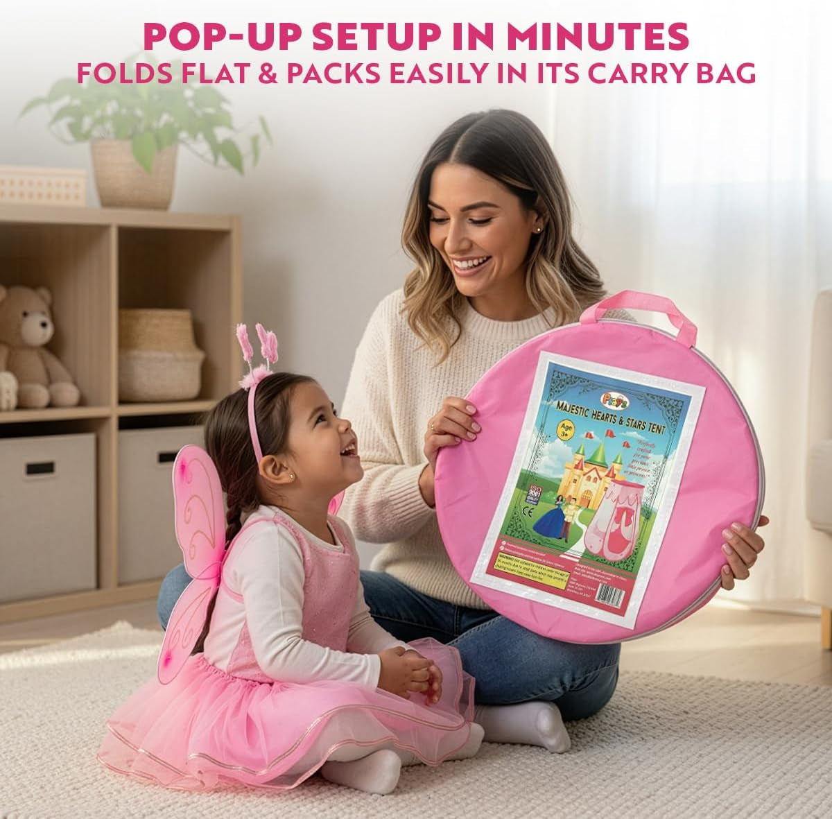 Princess Castle Pop up Tent & Dress up Set – Kids Pink Playhouse Tent for Girls with Glow in the Dark Stars, Foldable Indoor Outdoor Toddler or Baby Girl Tent with Carrying Case