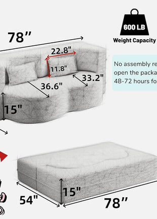 78-Inch Convertible Oversized Cloud Loveseat Sofa Bed – Minimalist Design for Living Room, Apartment, or Office – No Assembly Required (Brown)