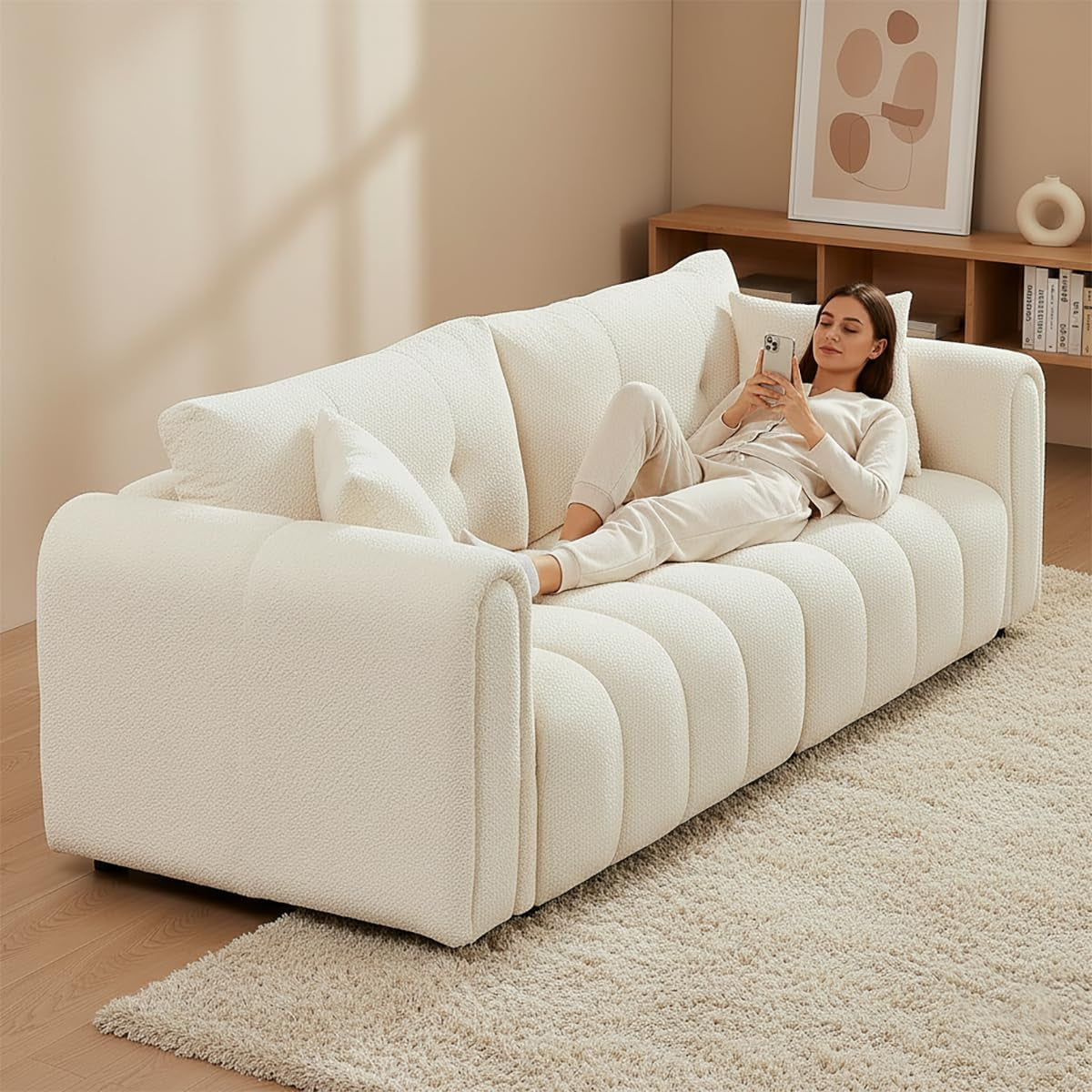91.5" Mid-Century Modern Cloud Sofs, Comfy Boucle Couch with Rolled rms nd Soft Pillows, Upholstered Sherp Loveset Sofs for Living Room, prtment, Home Office, Crem White