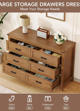 3-Piece Bedroom Furniture Set - Features 6-Drawer Dresser and Pair of Nightstands with Open Storage Shelf and Drawers, Rustic Brown Finish