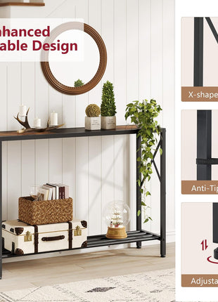 41.8-Inch Industrial Console Table with Two-Tier Shelving for Entryway, Living Room, and Office in Rustic Brown and Black