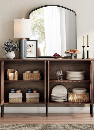 64" Wood Sideboard Buffet Cabinet with 4 Fluted Doors and Curved Design, Walnut Finish, Ideal for Dining Room and Hallway Storage
