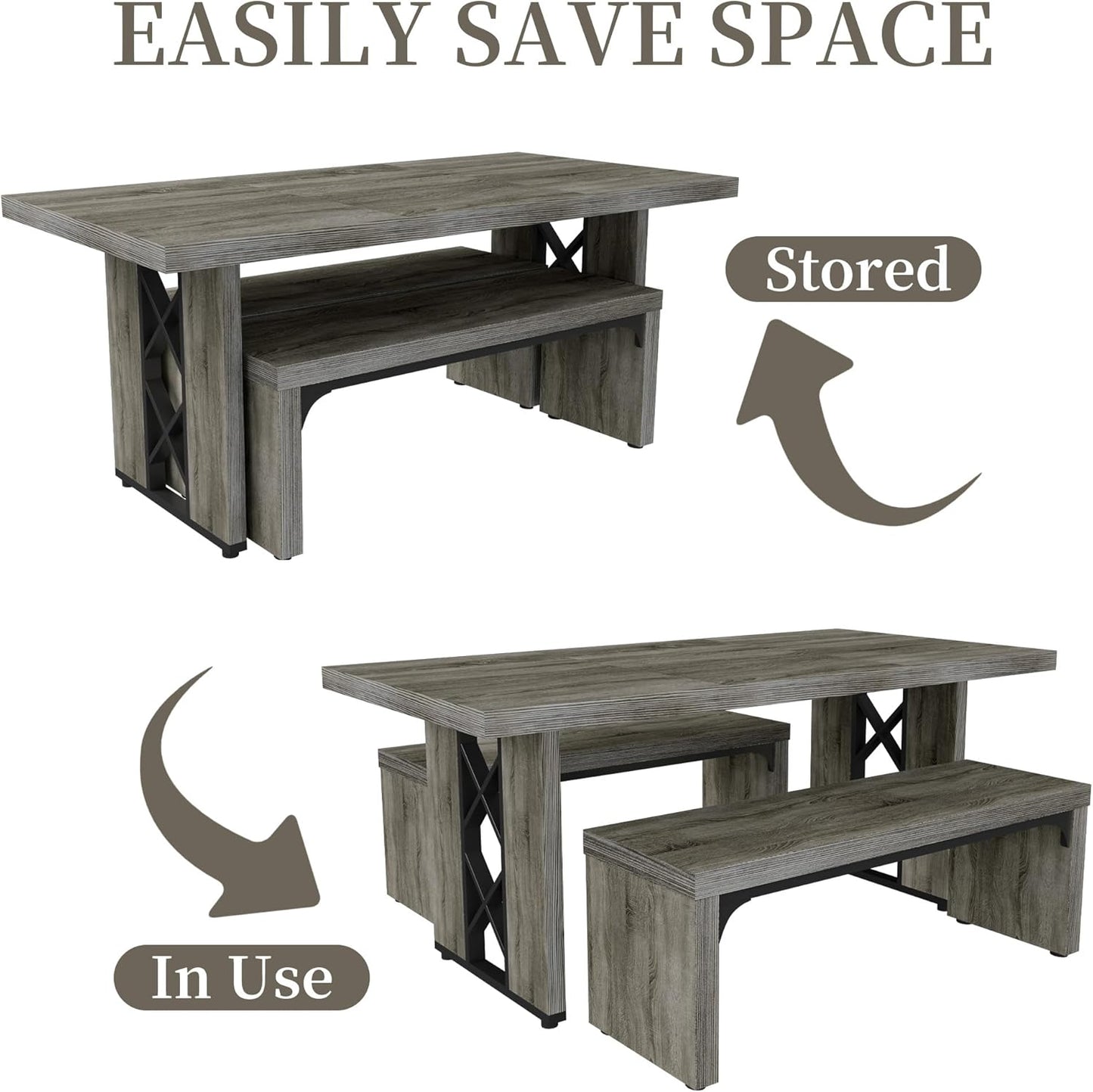 3-Piece Dining Table Set for 6 People, 70.8'' Rectangle Kitchen Table with 2 Benches for Breakfast Nook, Dining Room Furniture(Grey Table+2 Benches)