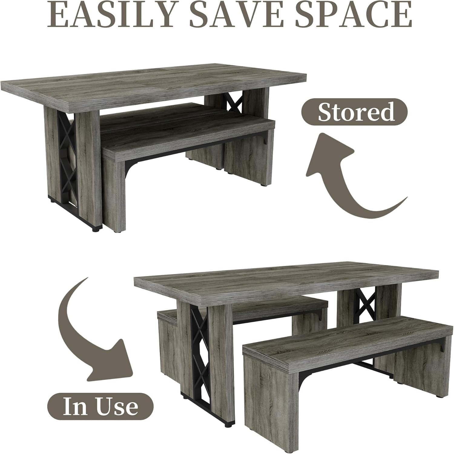 3-Piece Dining Table Set for 6 People, 70.8'' Rectangle Kitchen Table with 2 Benches for Breakfast Nook, Dining Room Furniture(Grey Table+2 Benches)
