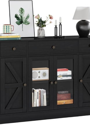 55-Inch Farmhouse Coffee Bar Cabinet with Glass Doors, Four Doors, Three Drawers, and Adjustable Shelves for Kitchen and Dining Room, Black Finish