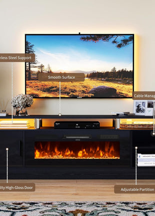 70-Inch Contemporary TV Stand and Entertainment Center for Living Room, Supports TVs up to 80 Inches, Features Storage Cabinet with Shelves, Includes 36-Inch Electric Fireplace with LED Flame (All Black)