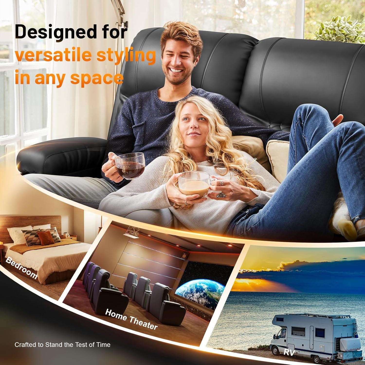 Recliner Sofa, 4 Seater Dual Reclining Sofa with Flip Back Console, Modern PU Leather Recliner Couch for Living Room/Rv, with Storage Drawer, USB Ports, Cup Holder, Cell Phone Holder, Black