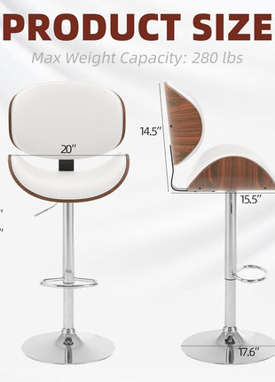 Set of 2 Adjustable Modern Swivel Bar Stools with Bentwood Seat and Back in White PU Leather, Perfect for Kitchen Counters and Dining Areas