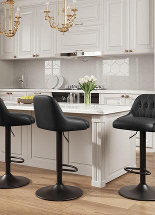Set of 3 Contemporary Adjustable Swivel Bar Stools with Tufted Backrest, PU Leather Upholstery, Counter Height for Bar, Kitchen Island, and Dining Room, Black