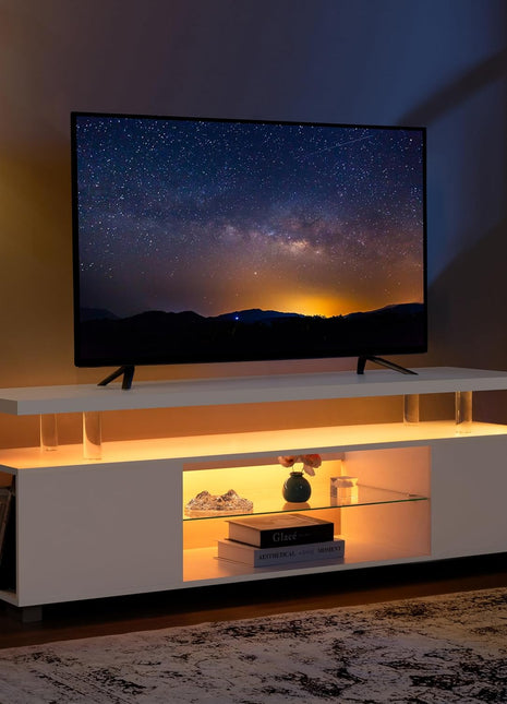 Contemporary White LED TV Stand with Storage for 55-65 Inch Televisions - Living Room Entertainment Center