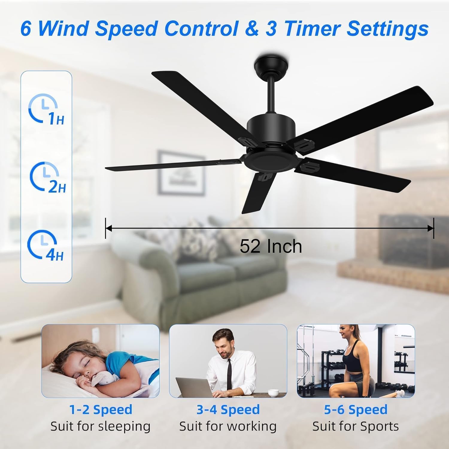 52 in Outdoor Ceiling Fans, Black Ceiling Fan No Light with Remote Control without Light, 5 Blades, 6 Speed Reversible DC Motor Modern for Patios, Garage, Bedroom, Porch (Black)