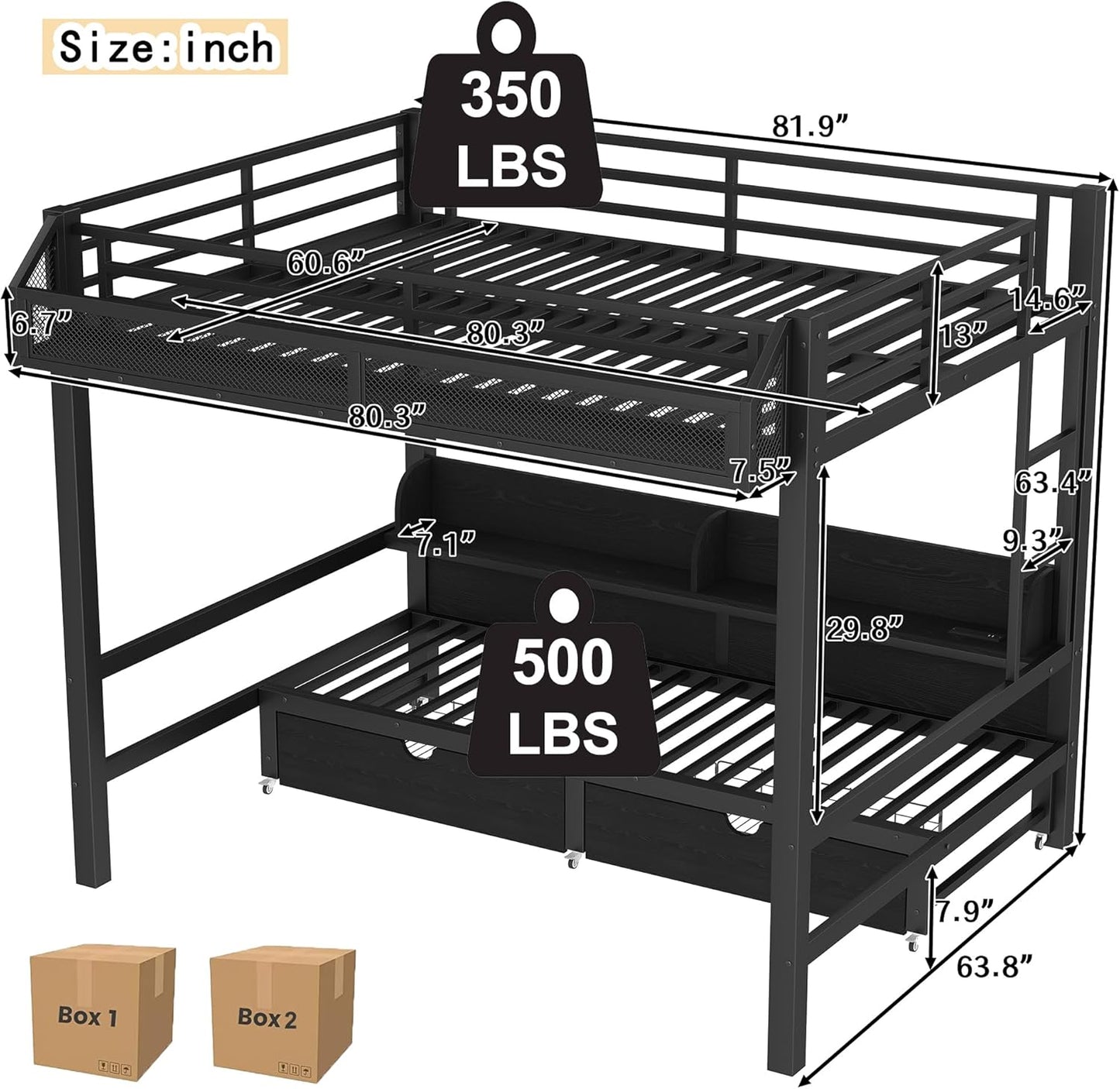 Queen over Queen Metal Bunk Bed with Storage Drawers and Shelves, Heavy Duty Bunk Beds with LED Lights and Charging Station for Kids,Adults,Convertible into a Sofa Bed,Black