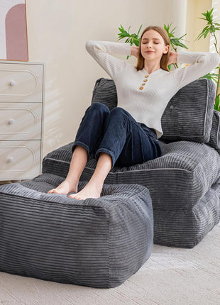 Square Corduroy Pouf Ottoman with Foam Filling, Fluffy Foot Stool and Storage Solution, 25.6 x 25.6 Inches in Dark Grey