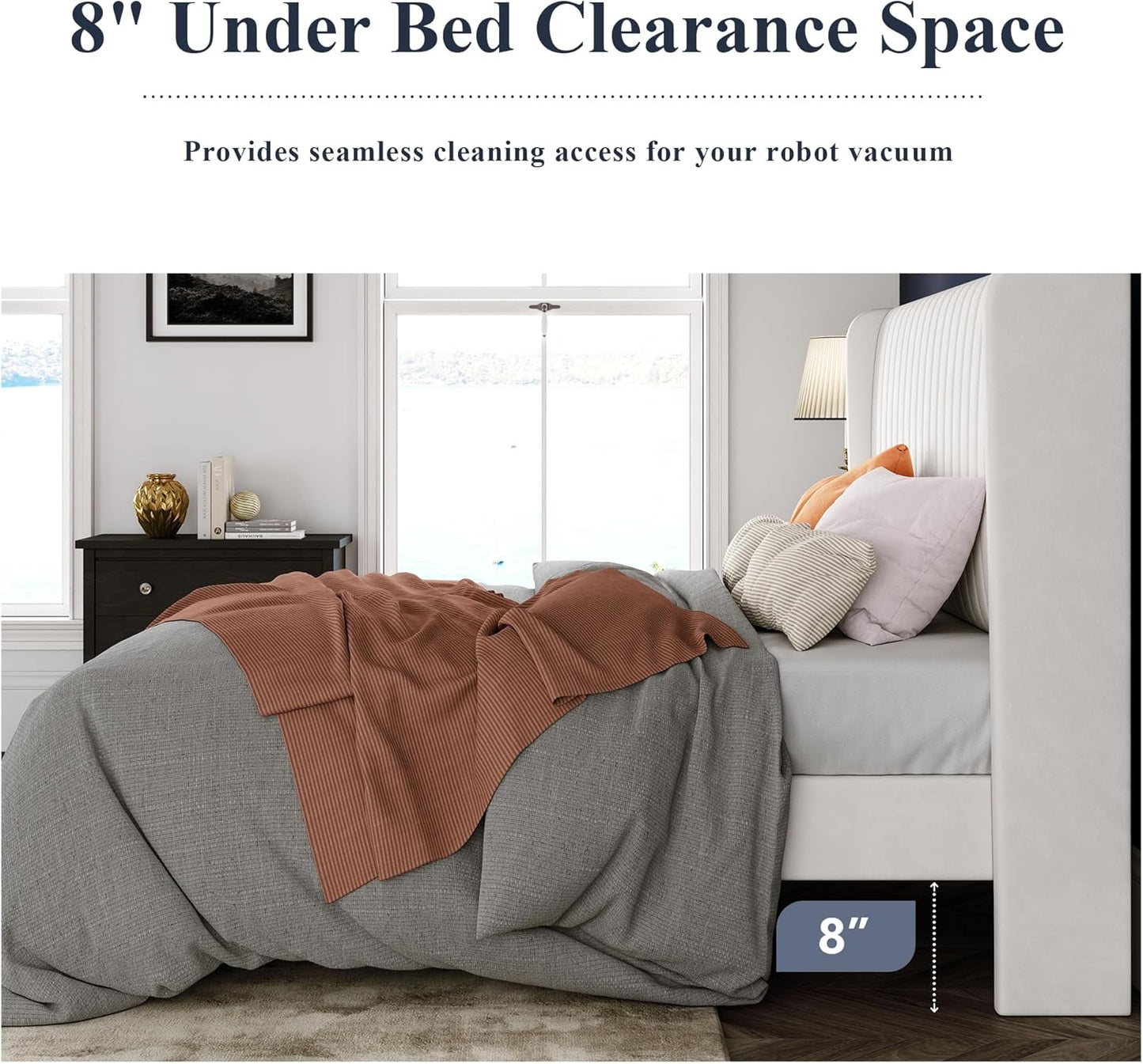 Full Size Velvet Bed Frame/Vertical Channel Tufted Wingback Headboard/Upholstered Platform Bed/Strong Wooden Slats/No Box Spring Needed/Easy Assembly/White