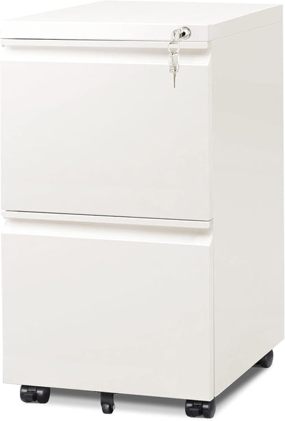 2 Drawer Mobile File Cabinet with Lock, Commercial Vertical Filing Cabinet for Home Office, White